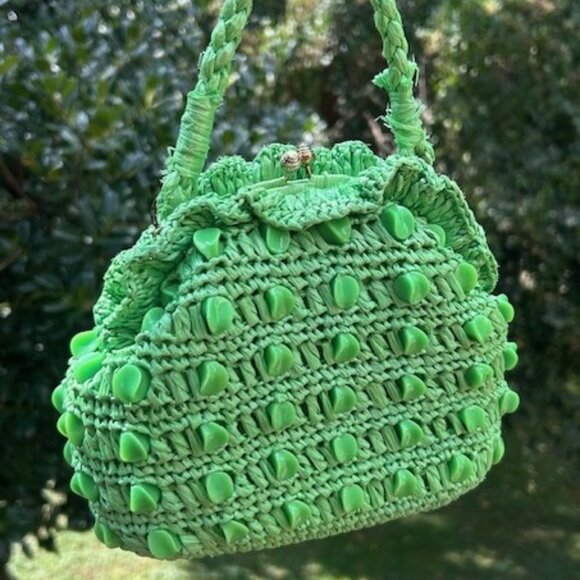 MAGID New York Handmade GREEN RAFFIA Beaded PURSE - Picture 1 of 8